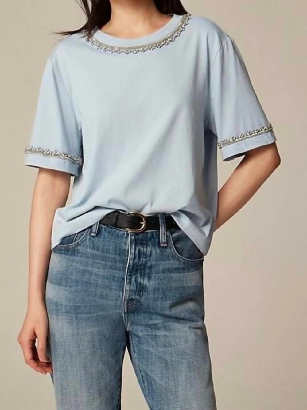 J Crew Relaxed Fit White Embellished 100% Cotton Crewneck Tee S